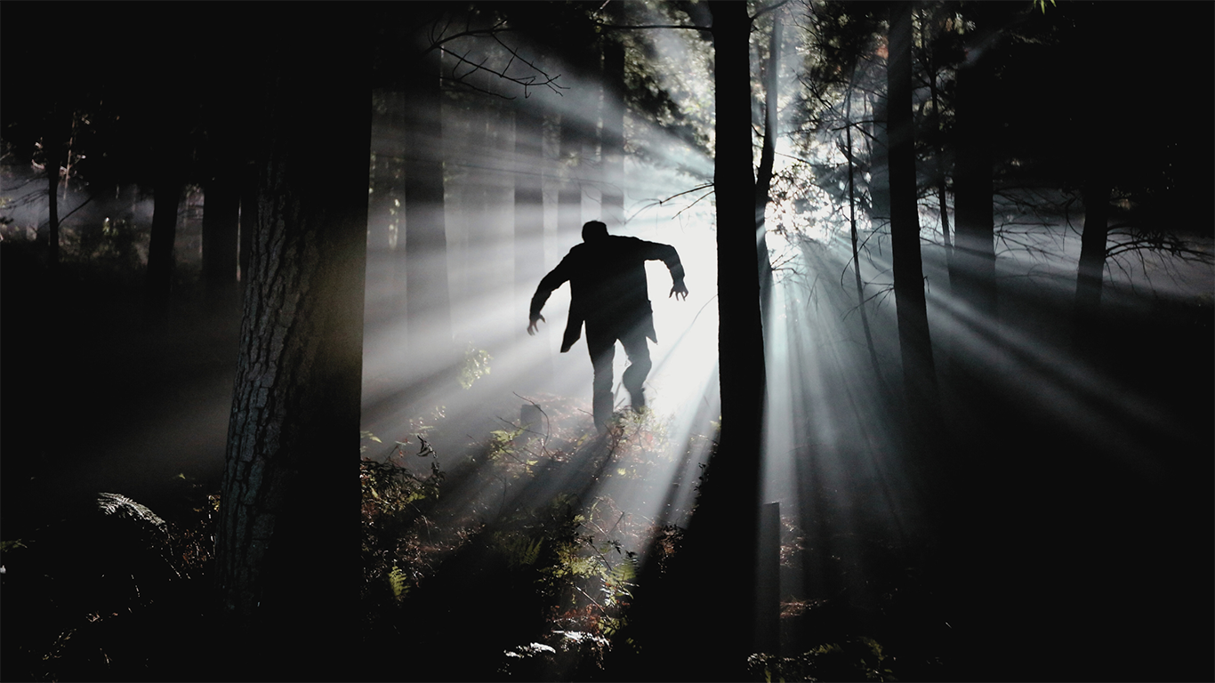 Image for Frankenstein showing the monster emerging from the forest in solhouette.