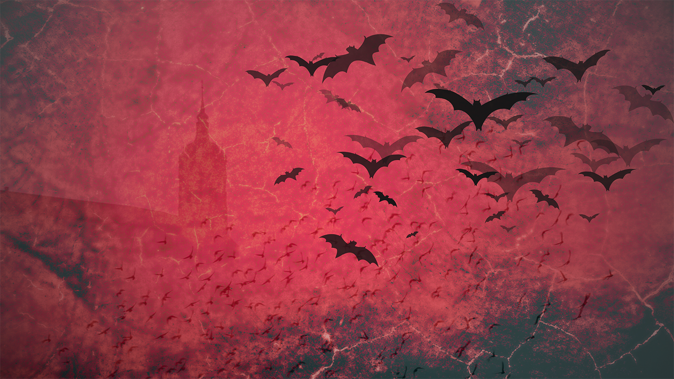 Image for Dracula showing bats and a castle in silhouette